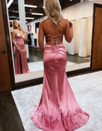 Meerjungfrau Spaghettiträger Satin Ballkleid mit Schlitz