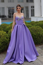 Robe de bal violette en satin, élégante, ligne A, sans manches, à décolleté cœur avec volants