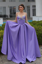 Robe de bal violette en satin, élégante, ligne A, sans manches, à décolleté cœur avec volants