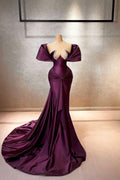 Robe de bal longue en satin élégante, ligne A, manches courtes à volant, décolletée épaules dénudées
