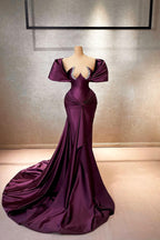 Robe de bal longue en satin élégante, ligne A, manches courtes à volant, décolletée épaules dénudées