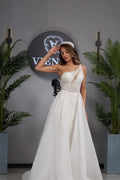 Vestido de Noiva Elegante em Linha A, com Um Ombro, Sem Mangas, Aplicações e Tule Mulher