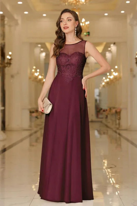 Vestido de noite elegante em chiffon sem mangas com decote redondo e apliques de renda para dama de honor