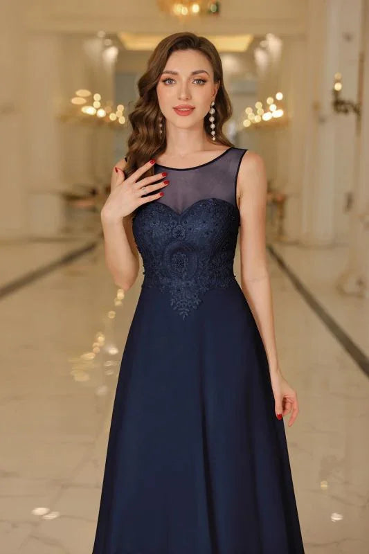 Vestido de noite elegante em chiffon sem mangas com decote redondo e apliques de renda para dama de honor
