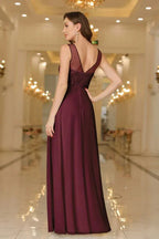 Vestido de noite elegante em chiffon sem mangas com decote redondo e apliques de renda para dama de honor