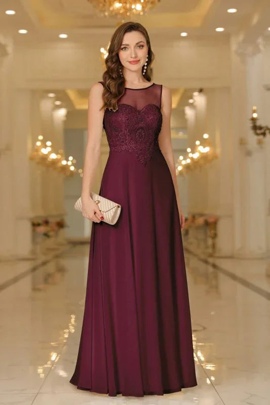 Vestido de noite elegante em chiffon sem mangas com decote redondo e apliques de renda para dama de honor