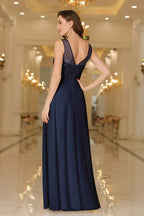 Vestido de noite elegante em chiffon sem mangas com decote redondo e apliques de renda para dama de honor