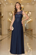 Vestido de noite elegante em chiffon sem mangas com decote redondo e apliques de renda para dama de honor
