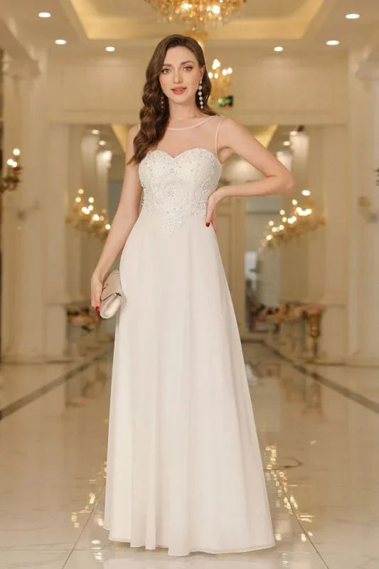 Vestido de noite elegante em chiffon sem mangas com decote redondo e apliques de renda para dama de honor