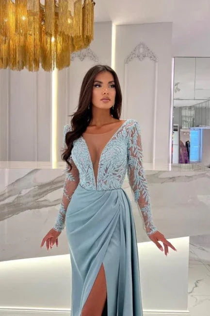 فساتين سهرة من الساتان أنيقة بطول الأرض، ذات فتحة أمامية، بأكمام طويلة وياقة على شكل حرف V مع دانتيل