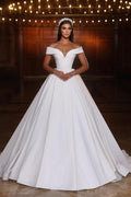 Vestido de Noiva Elegante em Cetim, Comprido, Corte em A, Ombros Descobertos e Decote em V