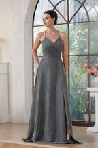 Vestido de Festa Elegante Longo em Linha A com Decote em V, Alças ao Pescoço, Seda Brilhante, Fenda Lateral e Bolso