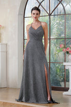 Vestido de Festa Elegante Longo em Linha A com Decote em V, Alças ao Pescoço, Seda Brilhante, Fenda Lateral e Bolso