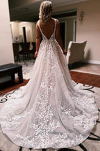Vestidos de Noiva Elegantes Longos em Linha A com Decote em V, Costas Descobertas, Renda Brilhante e Sem Mangas