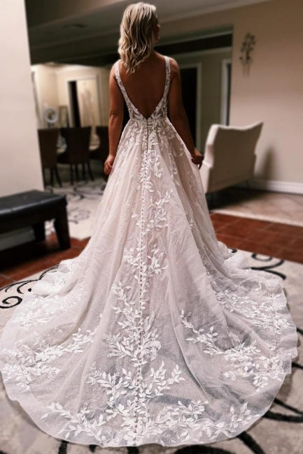 Vestidos de Noiva Elegantes Longos em Linha A com Decote em V, Costas Descobertas, Renda Brilhante e Sem Mangas