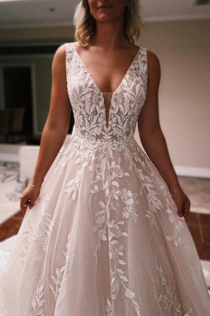 Vestidos de Noiva Elegantes Longos em Linha A com Decote em V, Costas Descobertas, Renda Brilhante e Sem Mangas