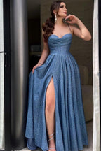 Elegante abito lungo blu a linea ad A con spalline sottili e paillettes per ballo con spacco