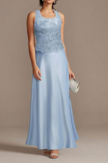 Elegante vestido largo de satén con encaje azul para madre de la novia con chaqueta