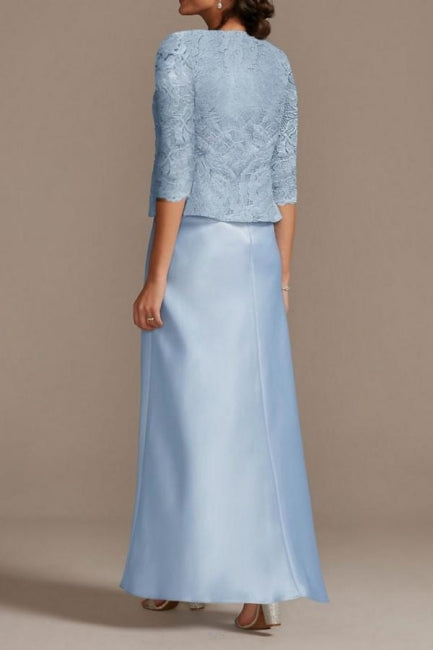 Elegante vestido largo de satén con encaje azul para madre de la novia con chaqueta