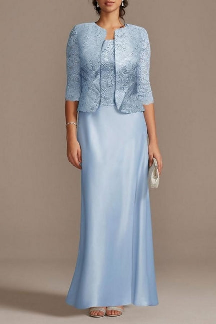 Elegante vestido largo de satén con encaje azul para madre de la novia con chaqueta