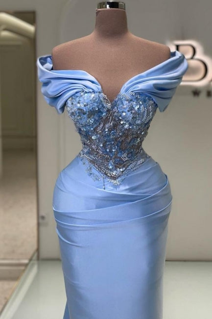 Elegante abito lungo da sera blu sirena con pizzo, perline, senza maniche e scollo a barca