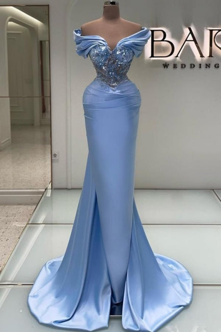 Elegante abito lungo da sera blu sirena con pizzo, perline, senza maniche e scollo a barca