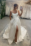 Ivory Satin A Line Long Backless Wedding Dress With Slit