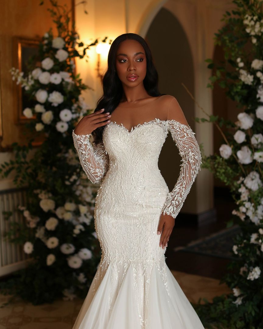 Ivory Mermaid Wedding Dress With Long Lace Tulle Sleeves