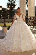 Vestido de Noiva Elegante Comprido Marfim com Decote em V, Renda e Mangas Compridas