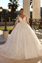 Vestido de Noiva Elegante Comprido Marfim com Decote em V, Renda e Mangas Compridas