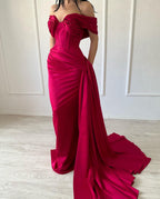 Robe de bal élégante longue sirène en satin fuchsia, sans manches, décolletée en V et épaules dénudées