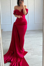 Robe de bal élégante longue sirène en satin fuchsia, sans manches, décolletée en V et épaules dénudées