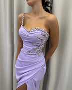 Robe de bal élégante longue sirène à une épaule sans manches avec fente