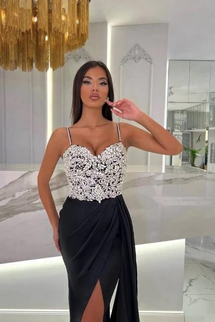 Robe de bal élégante longue sirène à fines bretelles en forme de cœur avec paillettes et fente