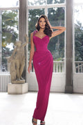 Elegante abito da sera lungo a sirena con spalline, perline, senza maniche, fino a terra