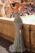 Elegante abito lungo da sera a sirena con scollo a cuore in tulle e pizzo
