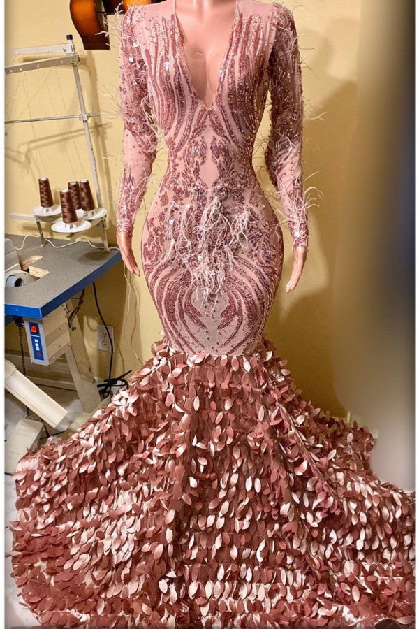 Vestido de Baile Elegante Comprido Cauda de Sereia com Decote em V, Aplicações e Renda, com Mangas