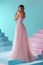 Elegante vestido de fiesta largo rosa de corte A sin tirantes, con encaje y purpurina, y abertura