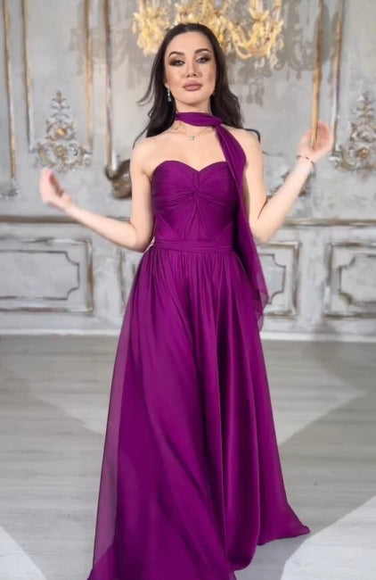 Elegante abito lungo viola a linea ad A senza spalline con allacciatura per ballo di fine anno