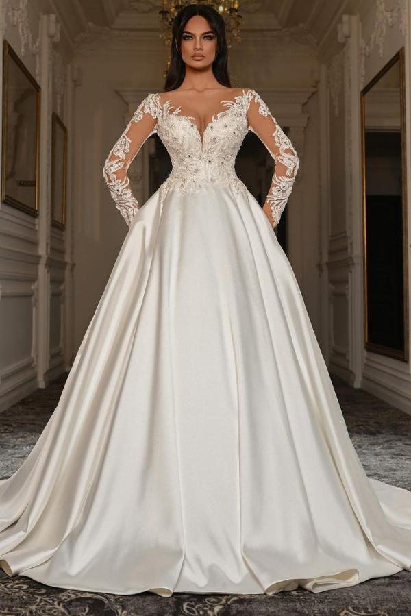 Elegante vestido de novia de satén con encaje, escote en forma de A, mangas largas y bolsillos