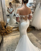 White Mermaid Wedding Gown Off Shoulder Applique With Train
