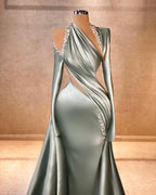 Robes de bal en satin élégantes à manches longues, col licou et volants style sirène