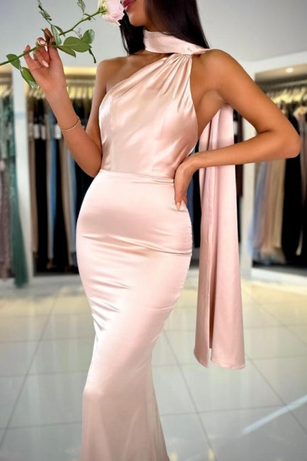 Elegante abito da sera rosa lungo semplice a sirena, monospalla senza maniche in raso
