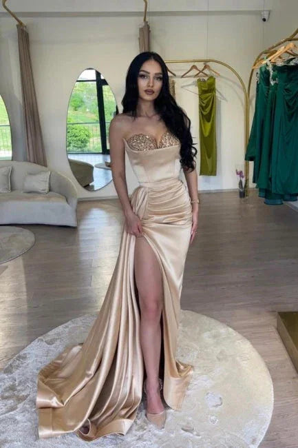 Vestido de fiesta elegante rosa de sirena con abertura alta y sensual