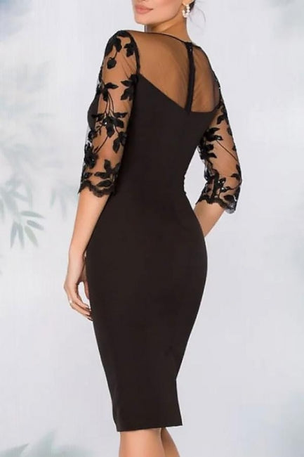 Vestidos Elegantes Curtos de Cetim Preto com Renda para Mãe da Noiva com Mangas