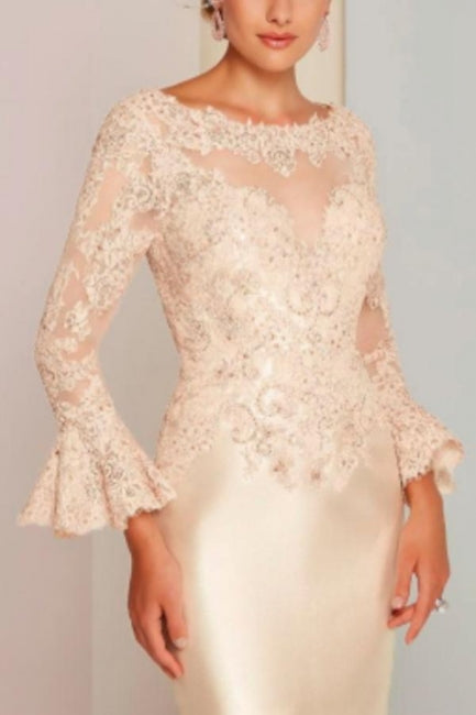 Elegantes vestidos cortos de encaje satinado para madre de la novia con mangas largas