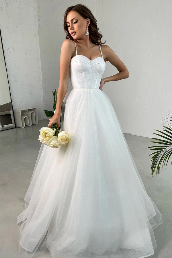 Vestido de Noiva Elegante em Linha A com Alças Finas e Decote Coração em Tule