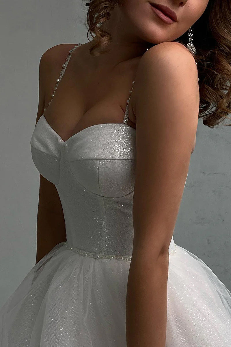 Vestido de Noiva Elegante em Linha A com Alças Finas e Decote Coração em Tule