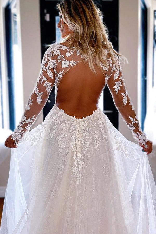 Vestidos de Noiva Elegantes em Linha A com Decote em V, Renda e Mangas Compridas