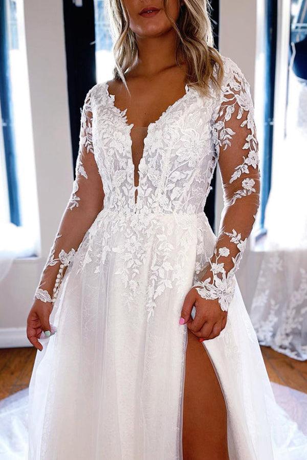 Vestidos de Noiva Elegantes em Linha A com Decote em V, Renda e Mangas Compridas